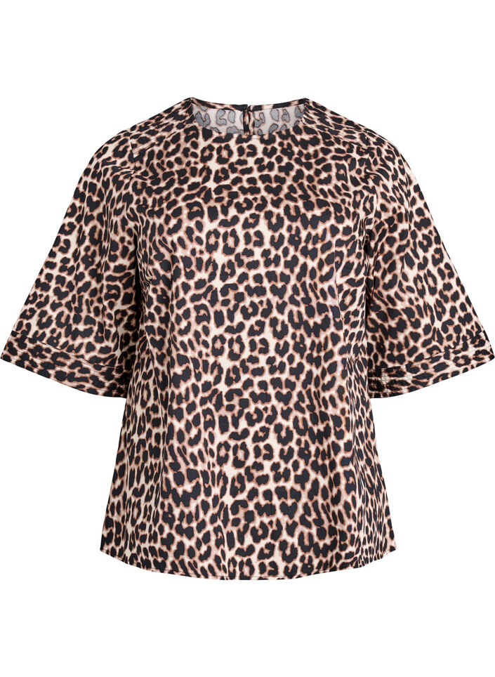 Blouse avec surpiqûres et manches 3/4, Marron, Packshot image number 0