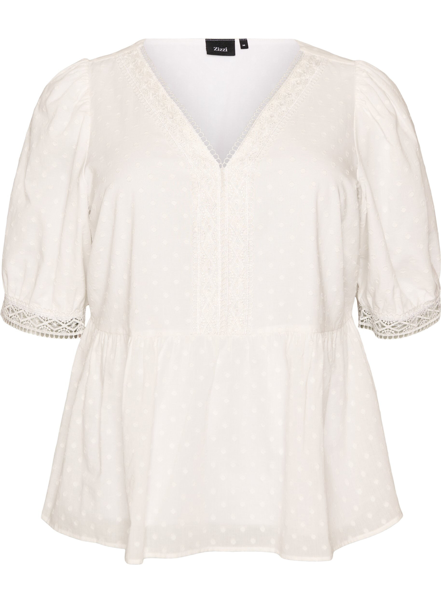 Zizzi Blouse en coton textur&eacute; avec d&eacute;tails en crochet, Blanc, Packshot image number 0