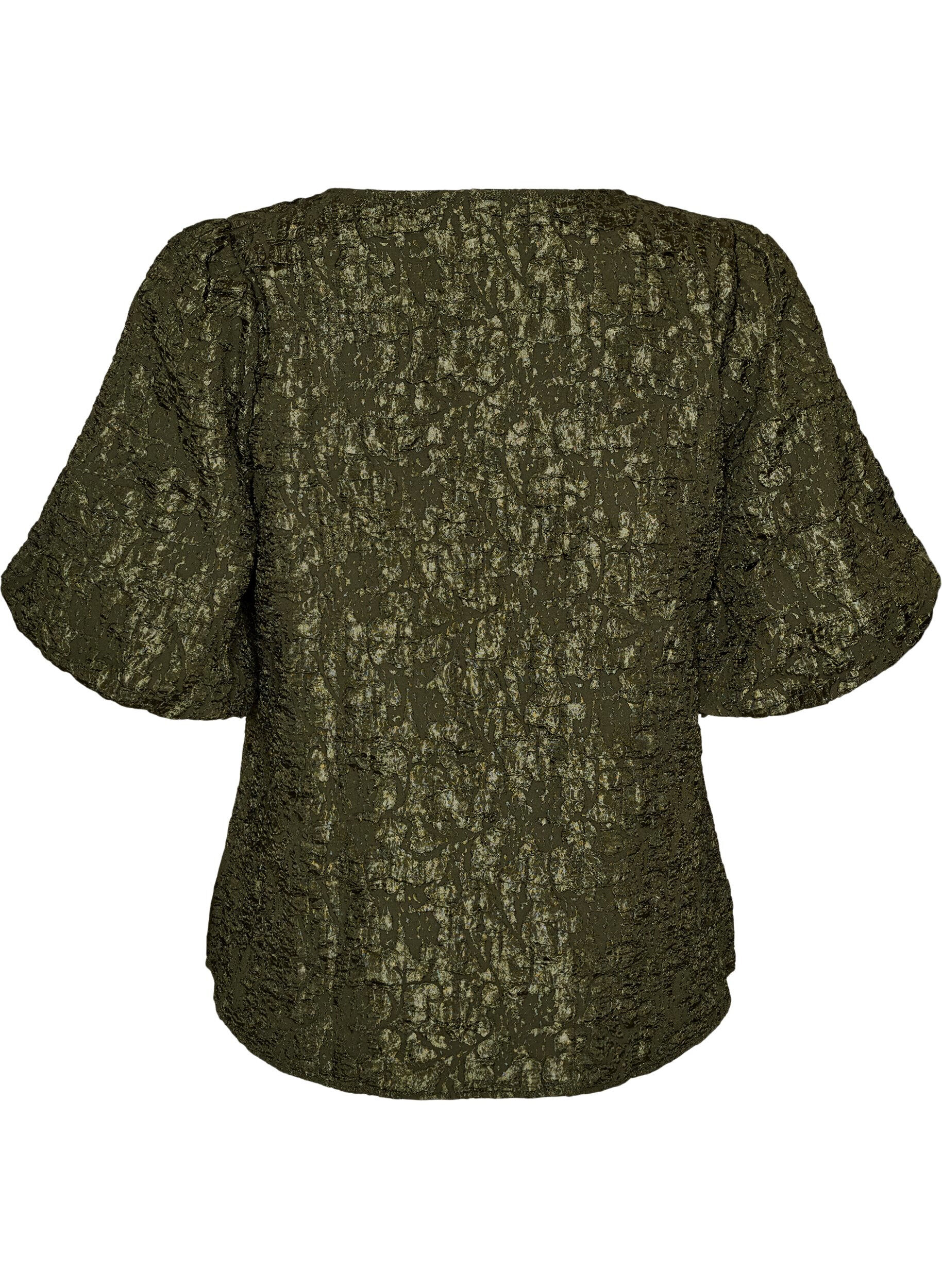ZizziBlouse en jacquard avec des manches bouffantes et une coupe &eacute;vas&eacute;e, Vert fonc&eacute;, Packshot image number 1