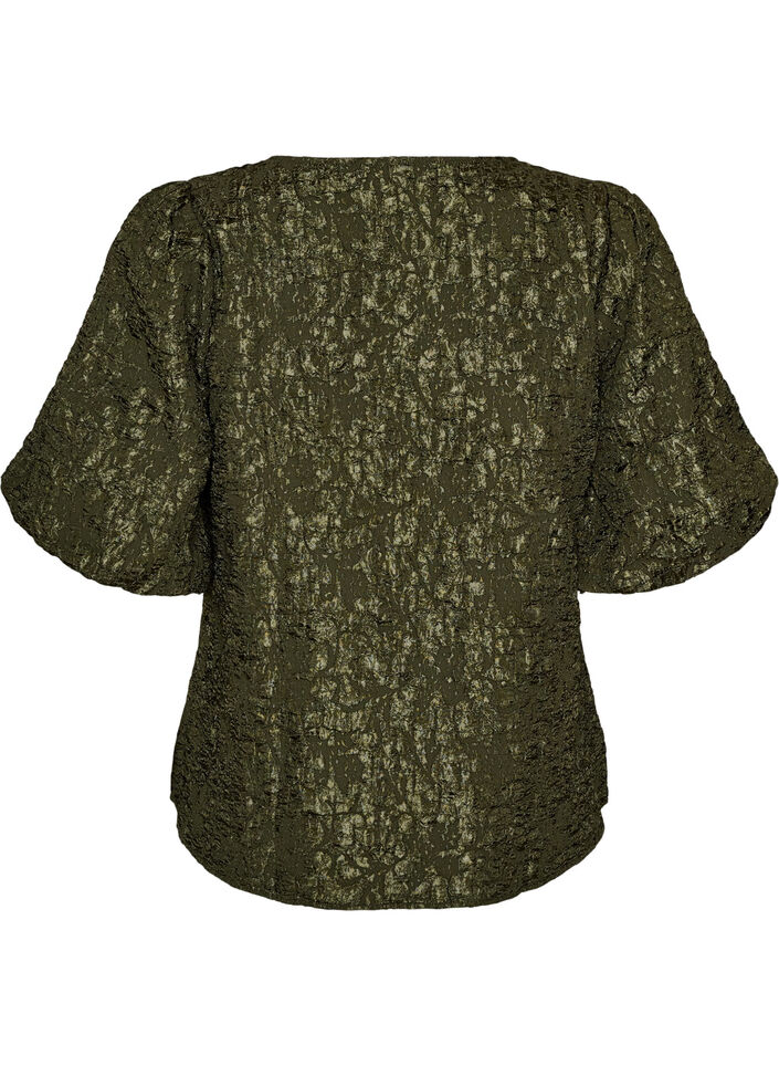 Blouse en jacquard avec des manches bouffantes et une coupe &eacute;vas&eacute;e, Vert fonc&eacute;, Packshot image number 1