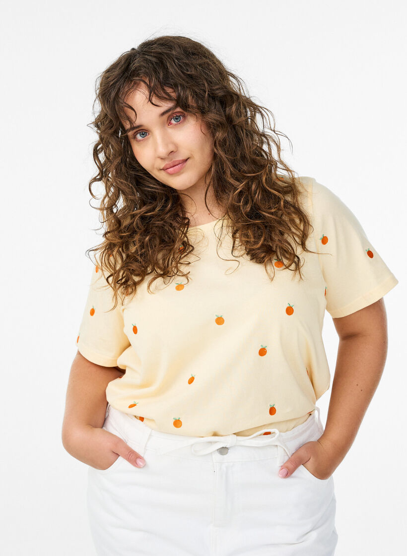 T-shirt en coton biologique avec motifs brod&eacute;s, Jaune clair, Model image number 0