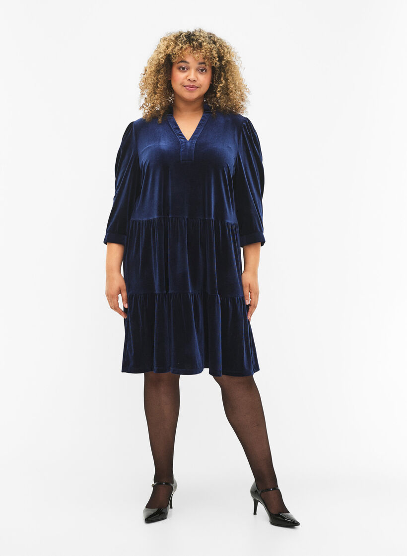 Robe en velours avec col à volants et manches 3/4., Navy Blazer, Model image number 3