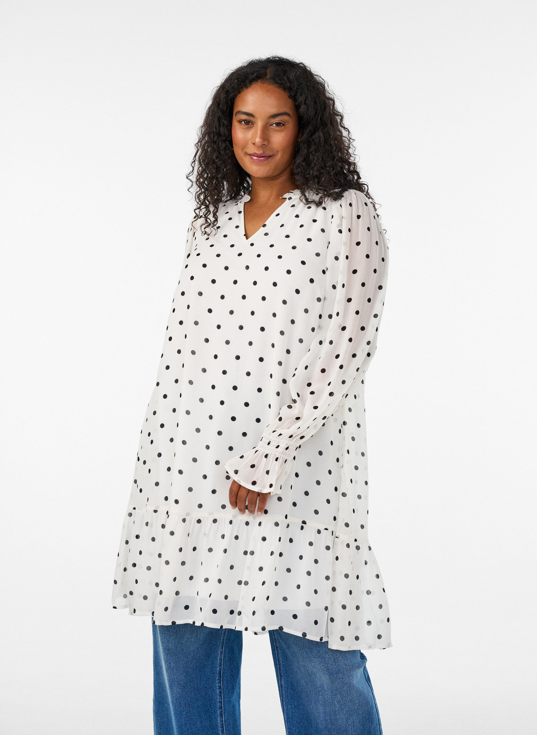 ZizziRobe en viscose avec volants et manches transparentes, Blanc, Model image number 0