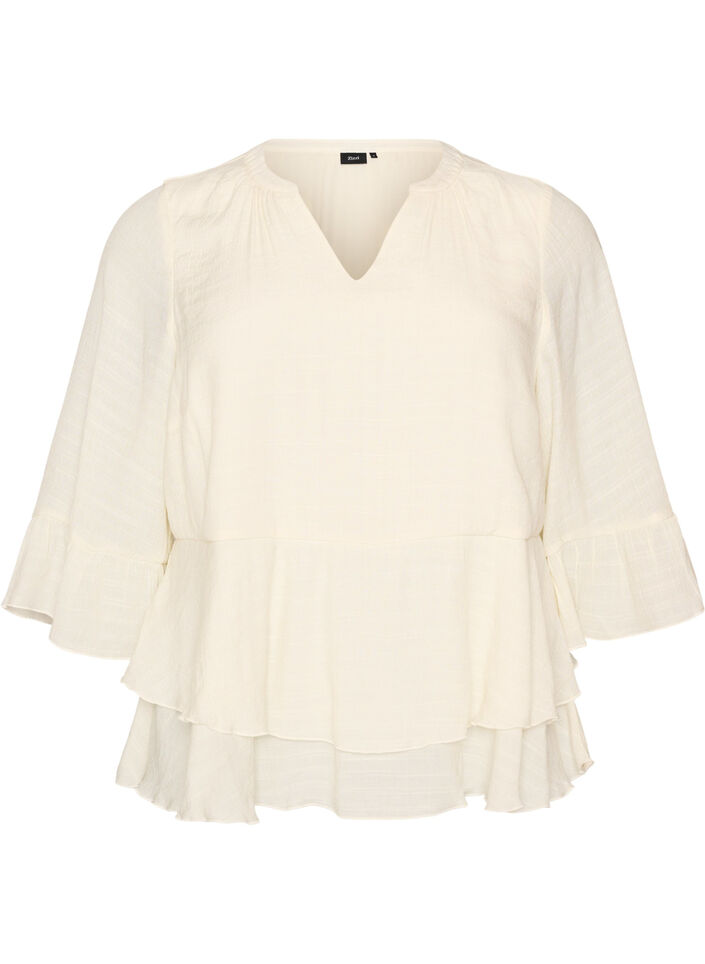 Blouse &agrave; manches 3/4 et volants, Vanille, Packshot image number 0