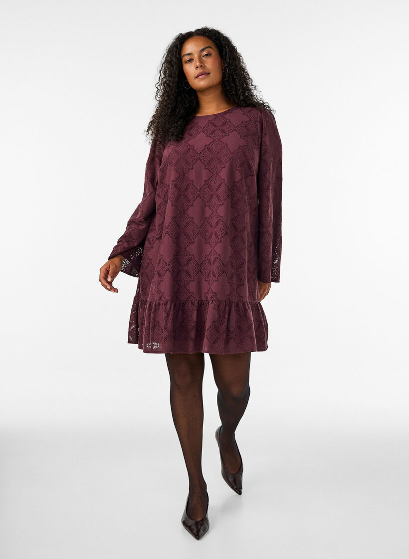 Robe en dentelle avec manches longues et ourlet &agrave; volants, Bordeaux fonc&eacute;, Model image number 1