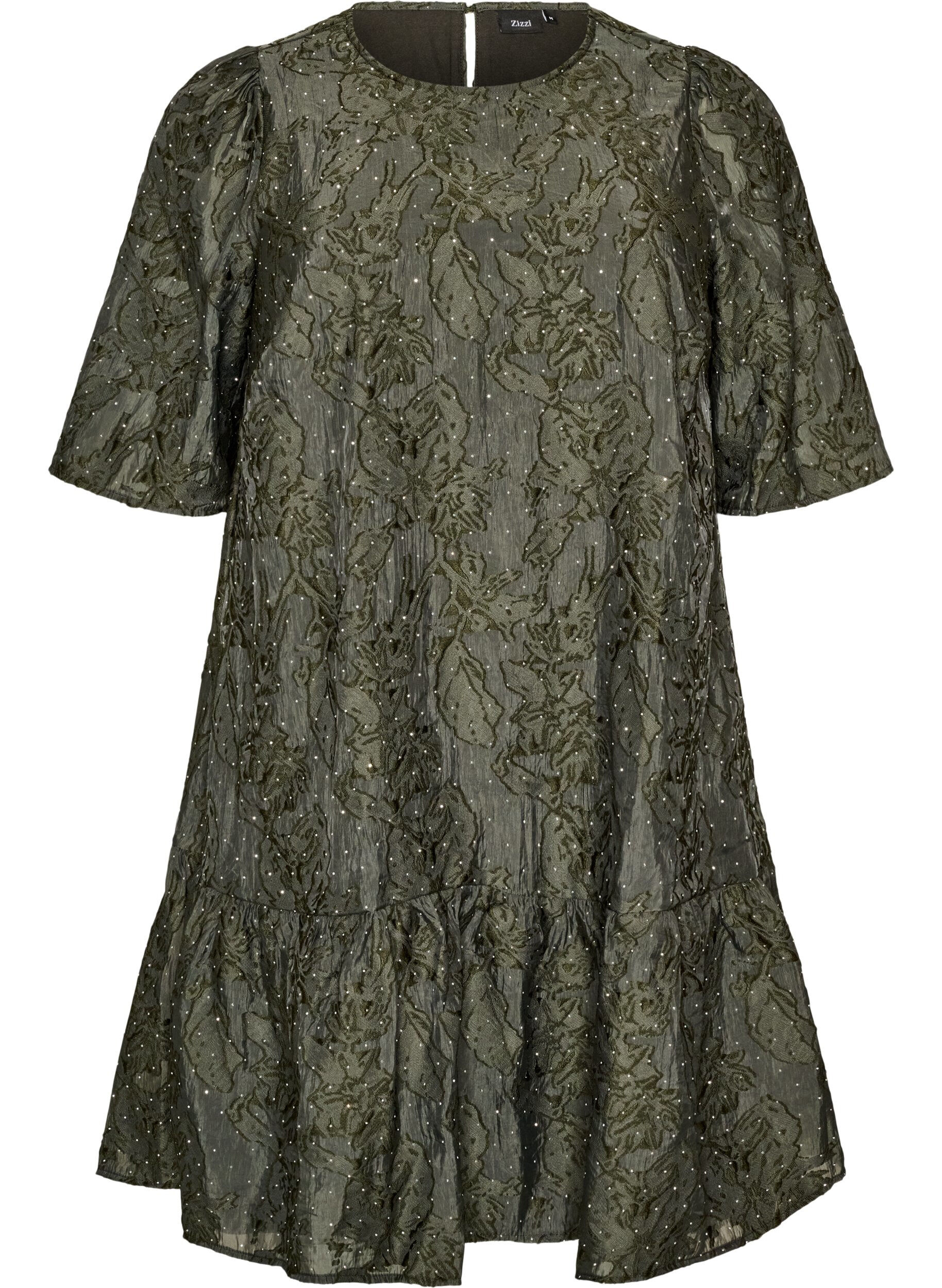 ZizziRobe jacquard avec des d&eacute;tails scintillants et des manches bouffantes, Vert, Packshot image number 0