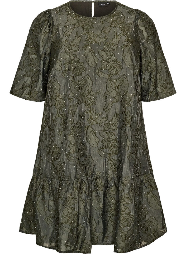 Robe jacquard avec des d&eacute;tails scintillants et des manches bouffantes, Vert, Packshot image number 0