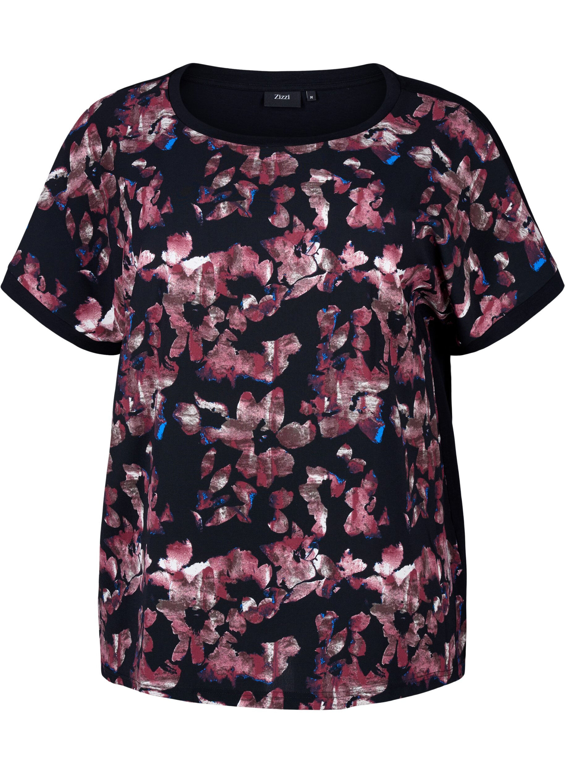 Zizzi T-shirt ample avec imprim&eacute; floral, Black Purple Fl. AOP, Packshot image number 0