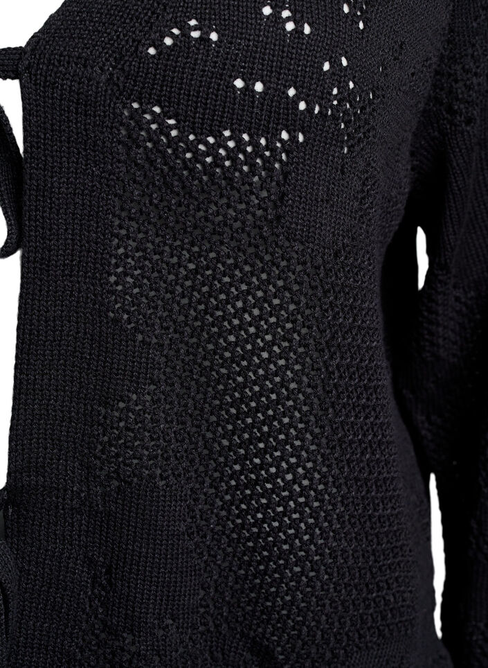 Cardigan en maille avec motif en treillis et cordons, Black, Packshot image number 2