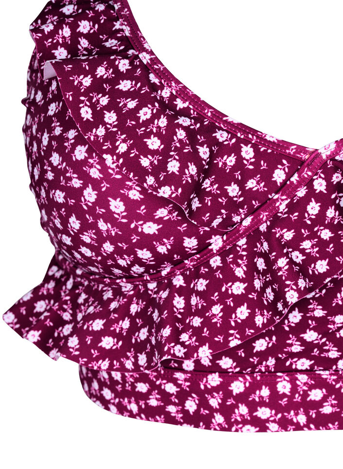 Haut de bikini &agrave; fleurs et &agrave; d&eacute;tails de jabot, Bordeaux, Packshot image number 2