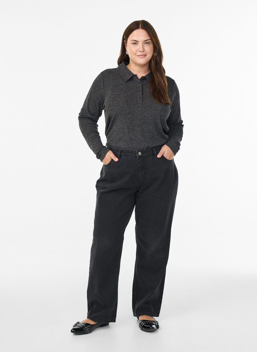 Polo à manches longues en maille côtelée extensible, Gris anthracite, Model image number 1