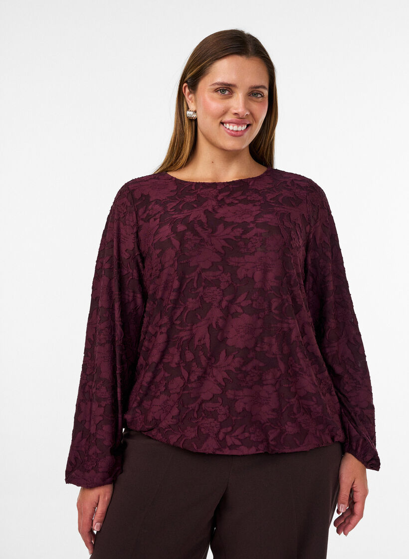 Blouse transparente avec texture florale et manches longues, Bordeaux, Model image number 0