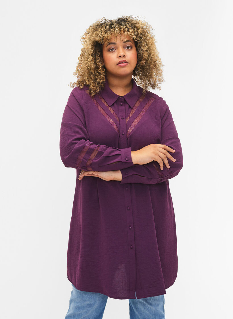 Chemise longue avec détails en dentelle, Deep Purple, Model image number 0