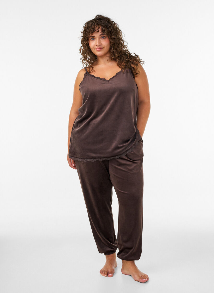 Top en velours avec bordure en dentelle, Marron, Model image number 1