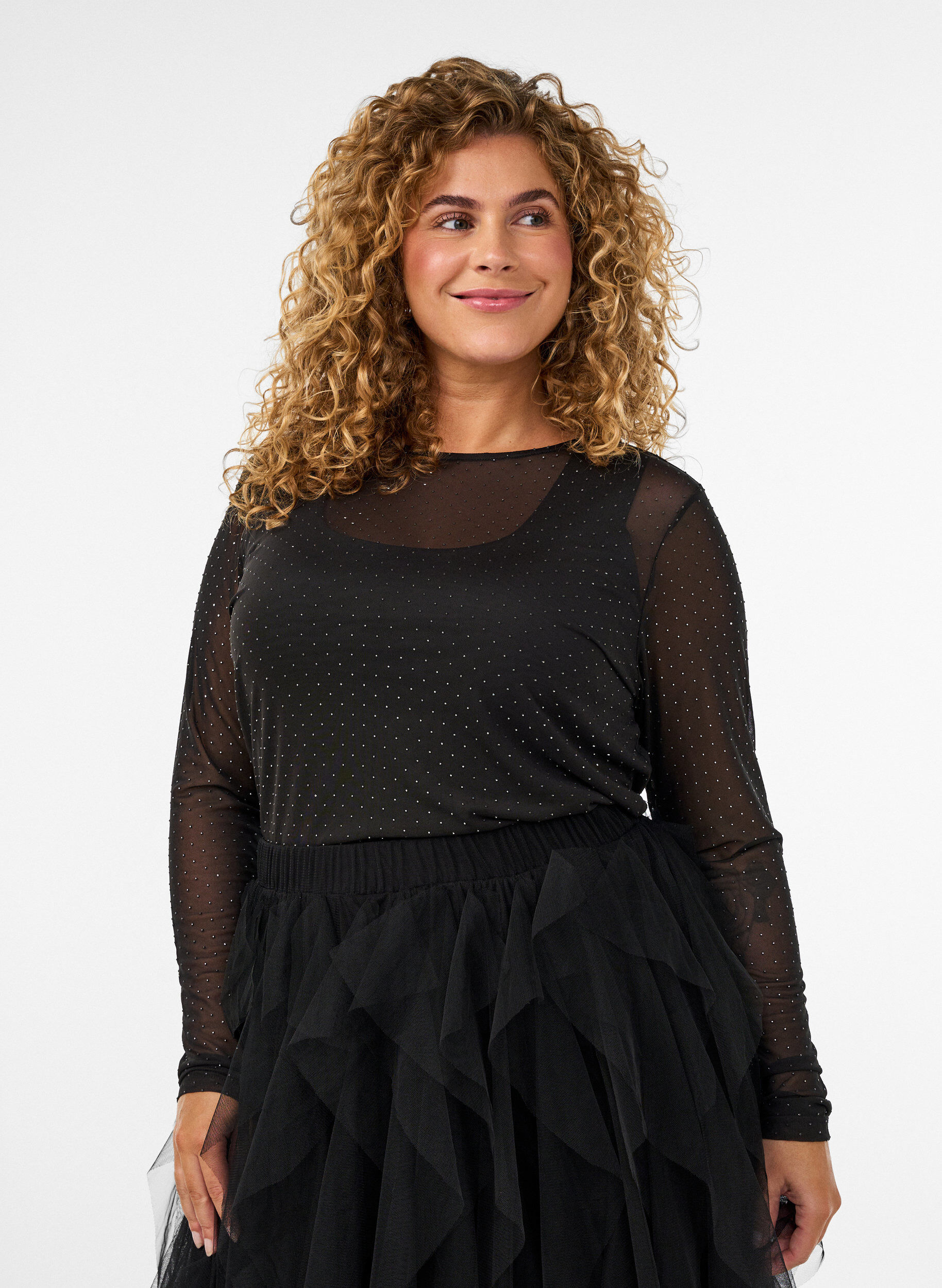 Blouse en maille transparente avec strass, Noir, Model