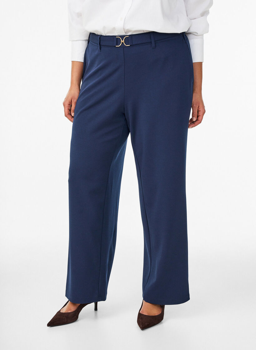 Pantalon taille haute avec ceinture et boucle dor&eacute;e, Bleu, Model image number 2