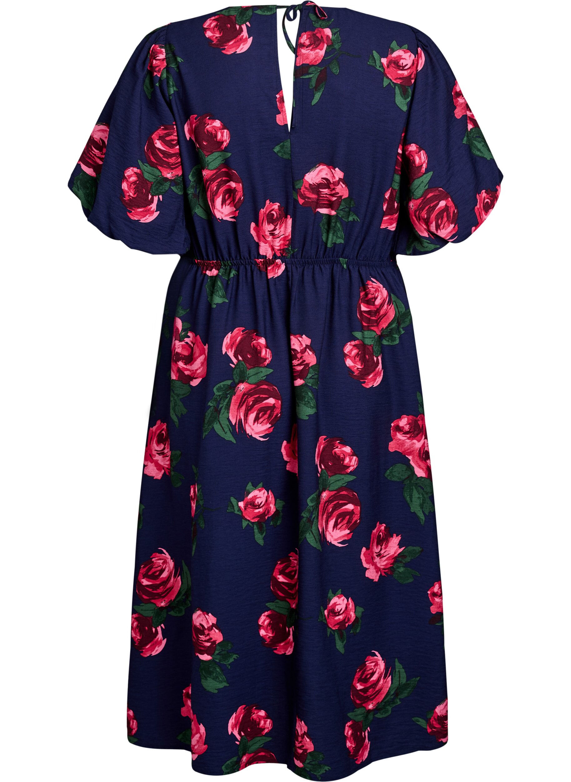 Zizzi Robe midi &agrave; imprim&eacute; roses et manches courtes bouffantes, Bleu, Packshot image number 1