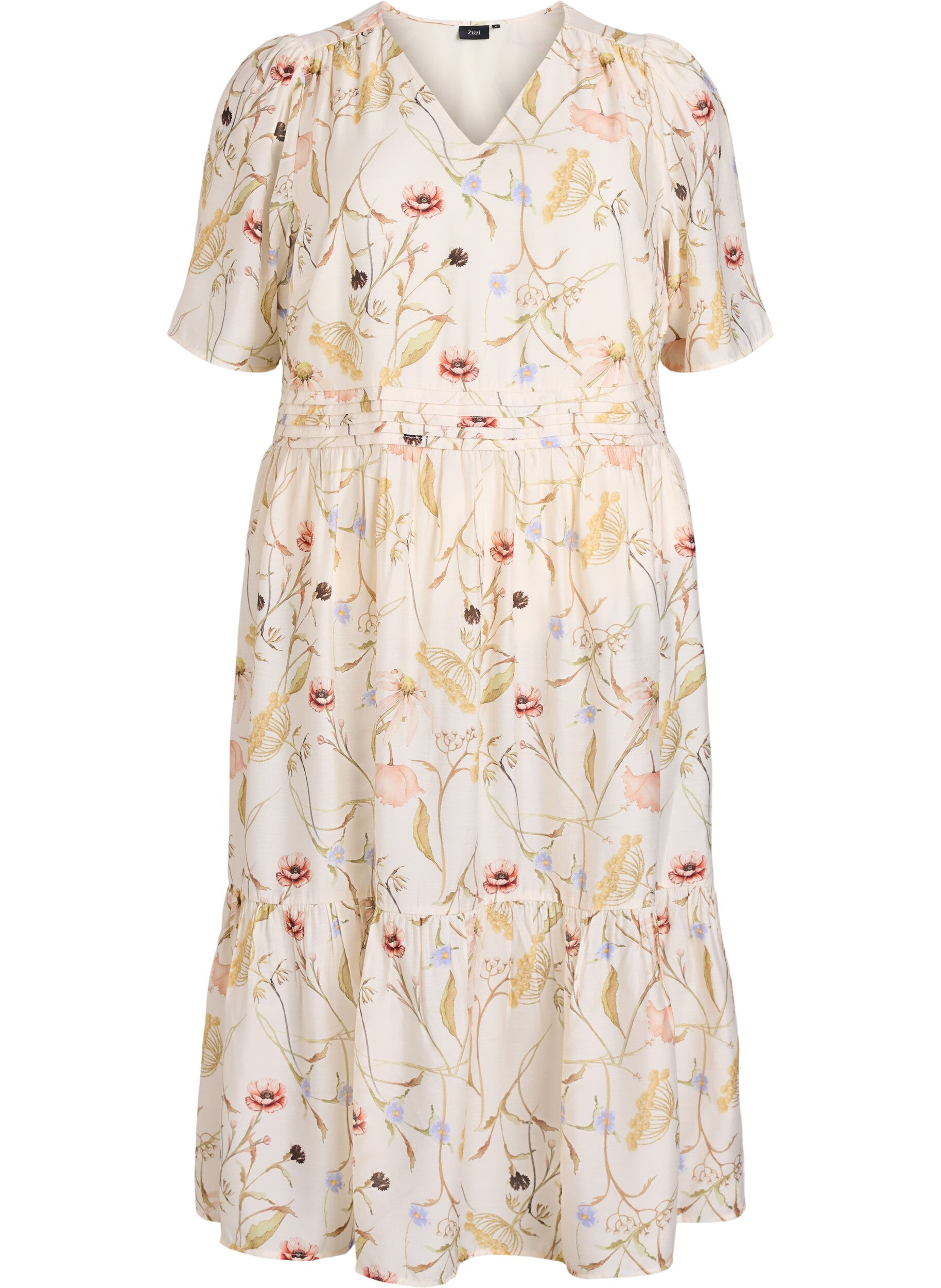 Robe mi-longue &agrave; fleurs avec une forme trap&egrave;ze
