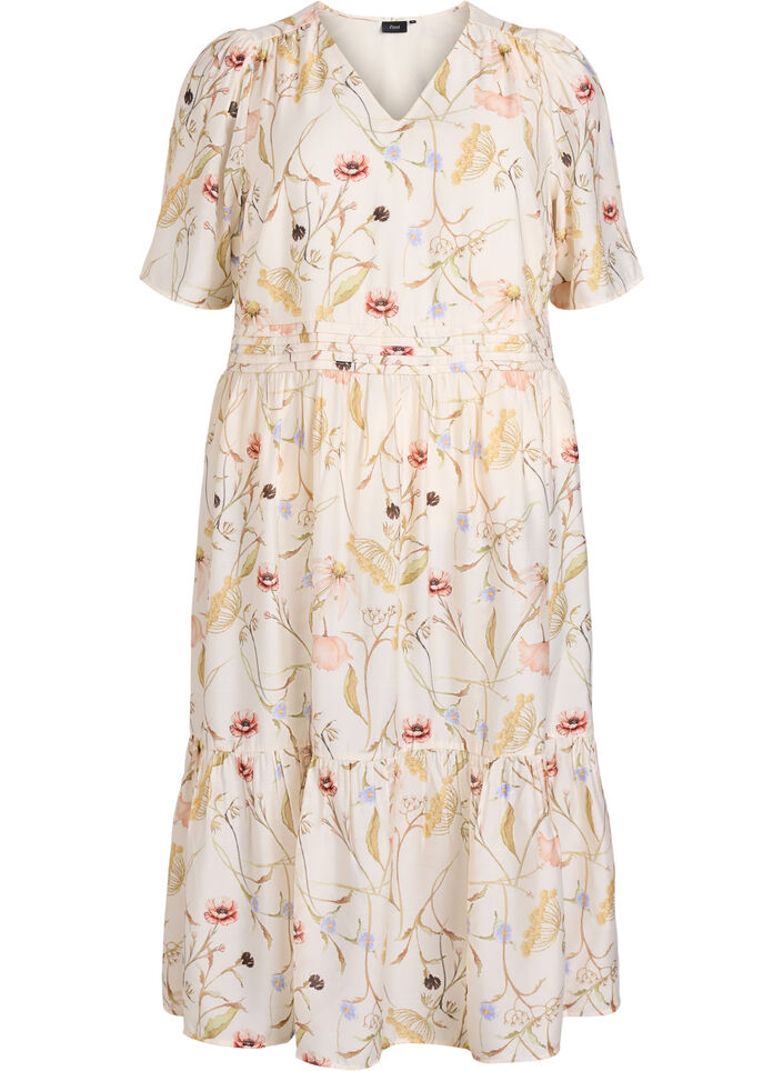Robe mi-longue &agrave; fleurs avec une forme trap&egrave;ze, Beige, Packshot image number 0