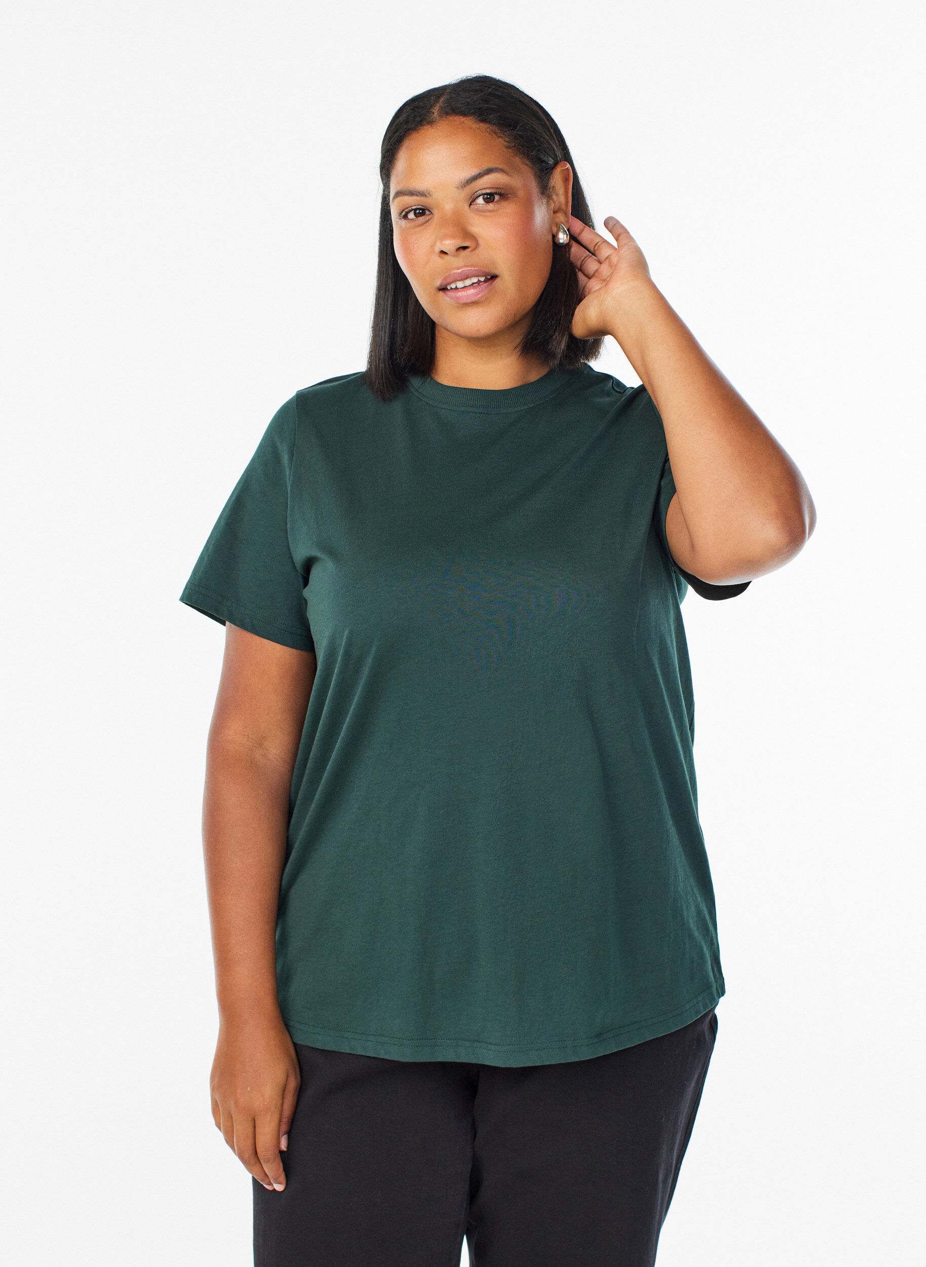 T-shirt basique en coton &agrave; col rond, Vert fonc&eacute;, Model