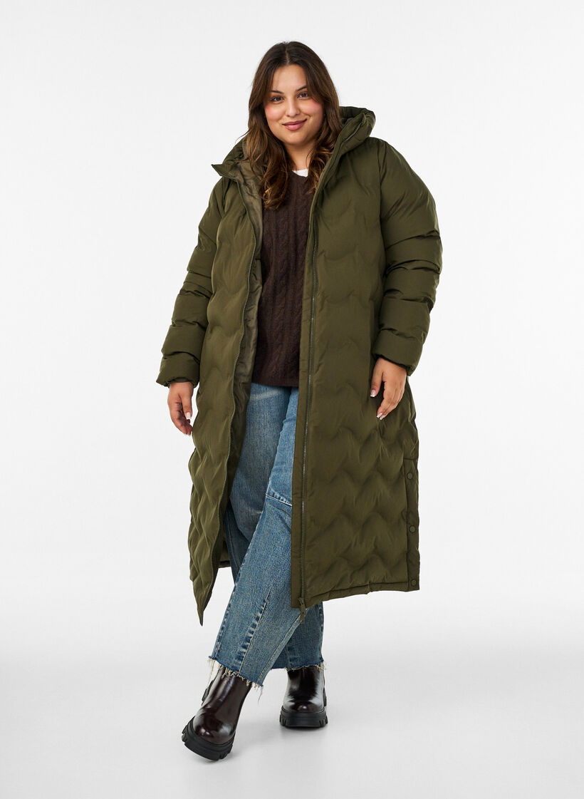 Doudoune longue &agrave; capuche avec motif vagues, Vert Kaki, Model