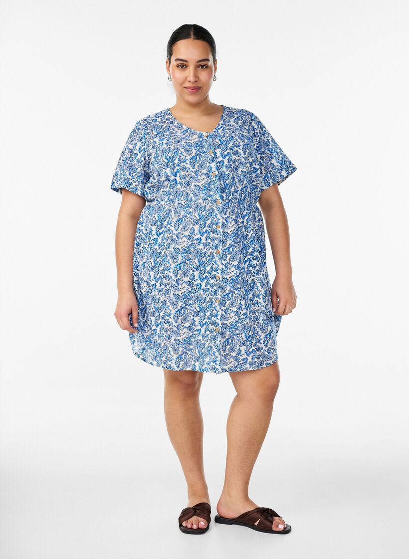 Robe courte en coton &agrave; imprim&eacute; floral, Bleu, Model image number 1