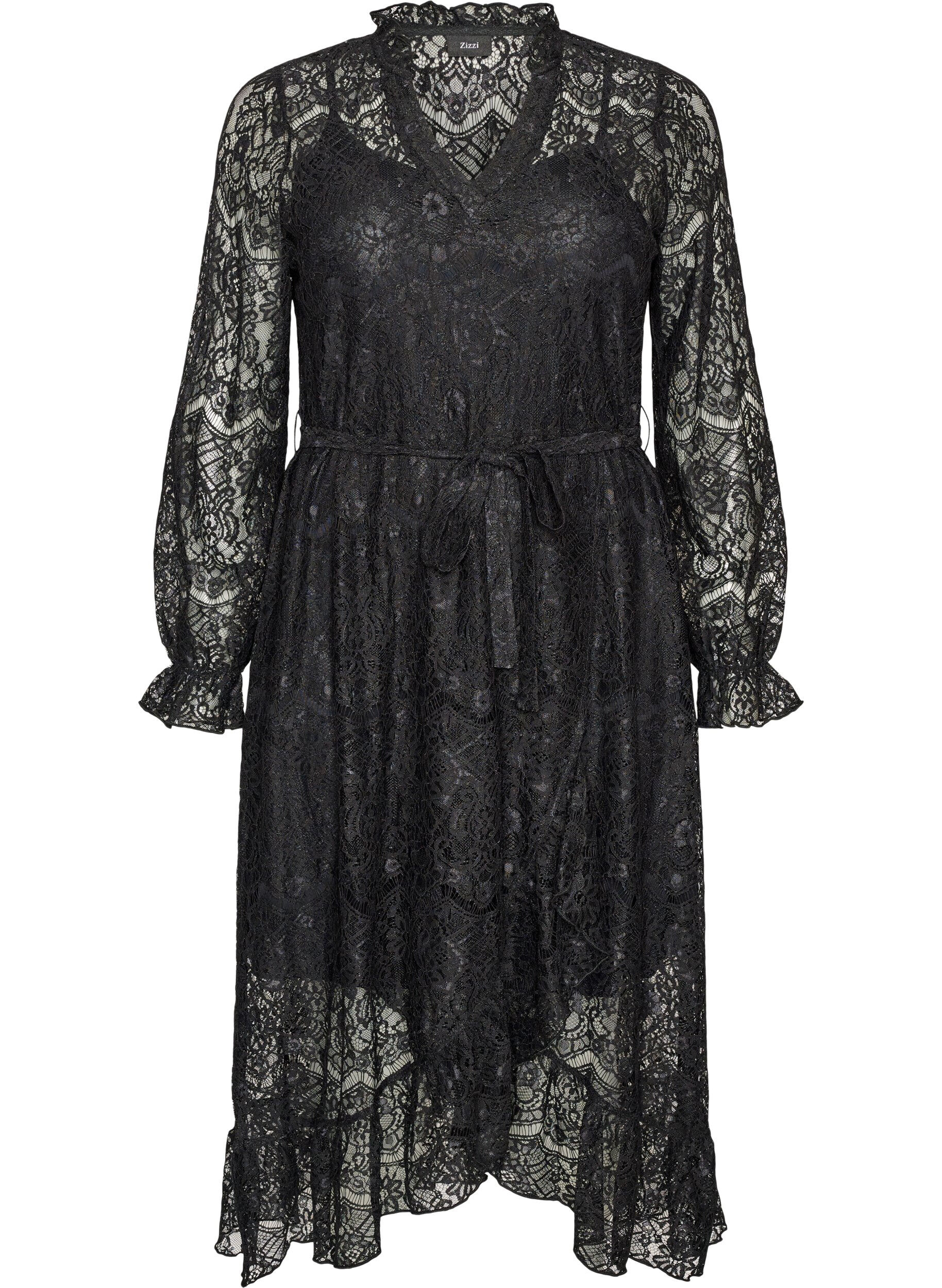 ZizziRobe en dentelle avec jupe portefeuille et volants, Noir, Packshot image number 0