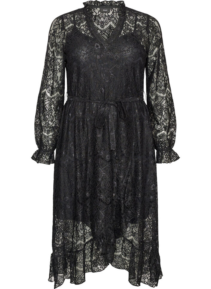 Robe en dentelle avec jupe portefeuille et volants, Noir, Packshot image number 0