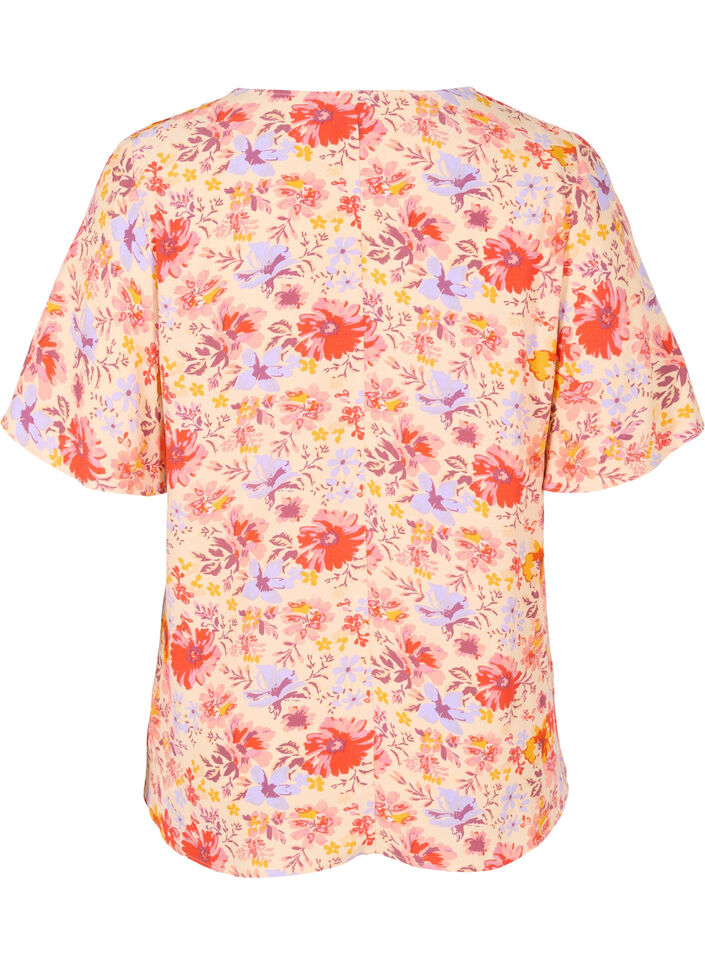 Blouse en viscose à manches courtes avec imprimé floral, Red Orange AOP, Packshot image number 1