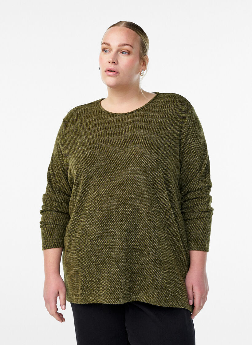 Blouse &agrave; manches longues avec texture, Vert, Model image number 0