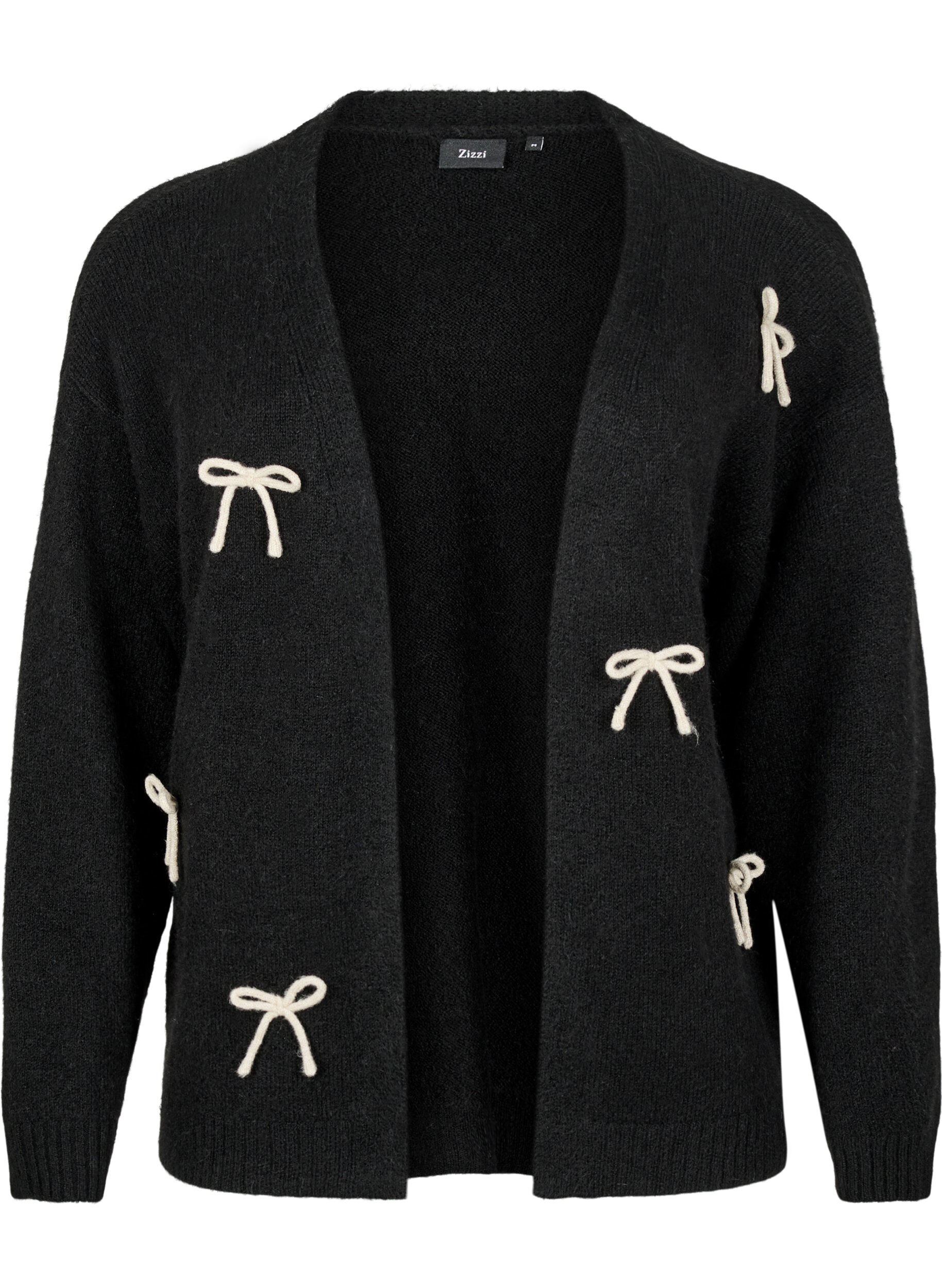 Zizzi Cardigan court en maille et &agrave; n&oelig;uds, Black Comb, Packshot image number 0