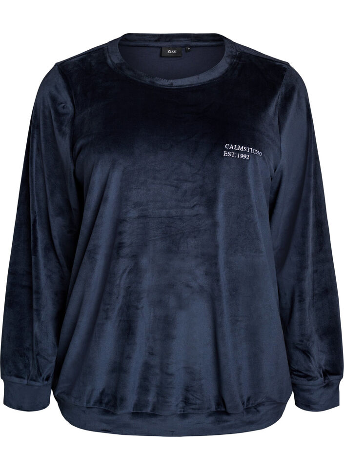Blouse en velours avec texte brod&eacute;, Bleu, Packshot image number 0