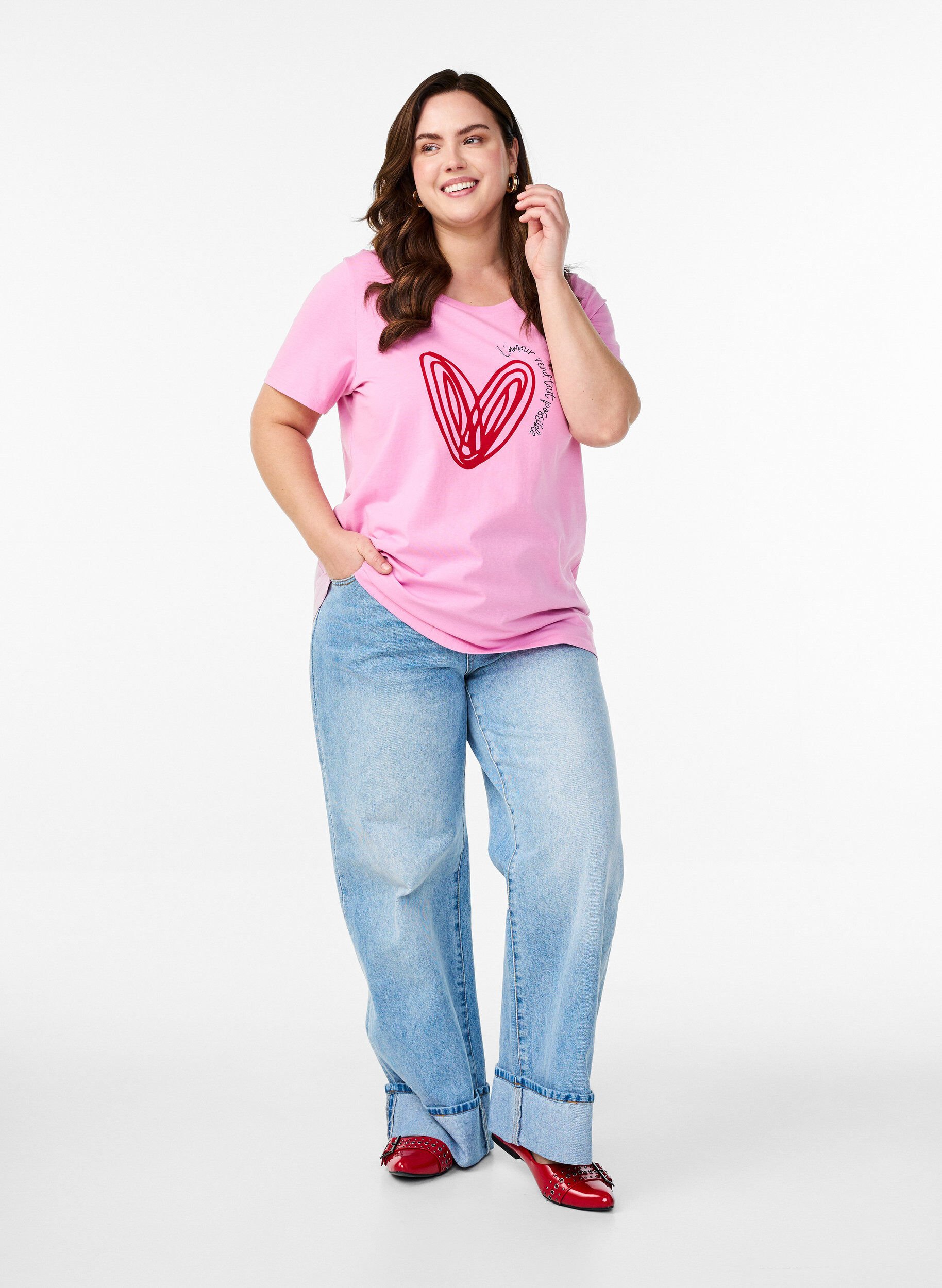 Zizzi T-shirt en coton avec motif, Begonia P. w. Heart, Model image number 2