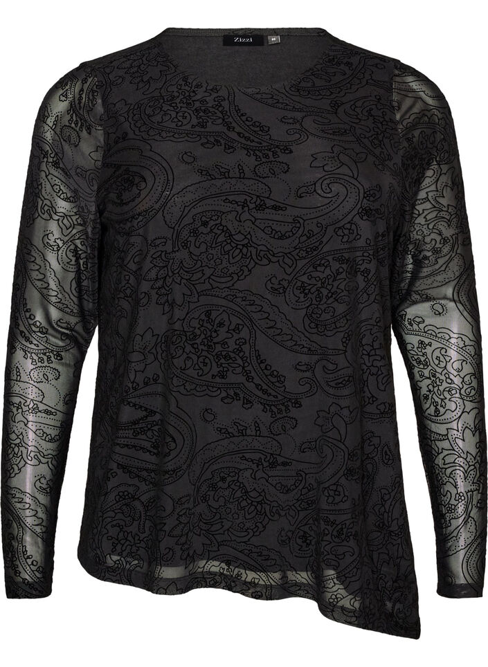 Blouse en maille avec imprim&eacute; cachemire et ourlet asym&eacute;trique, Noir, Packshot image number 0