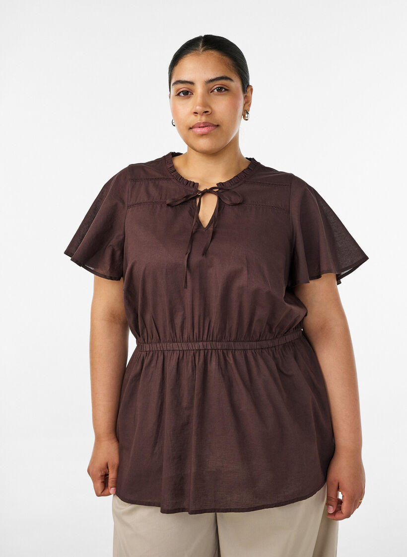 Blouse en coton avec lien &agrave; nouer et taille &eacute;lastiqu&eacute;e, Marron, Model image number 0
