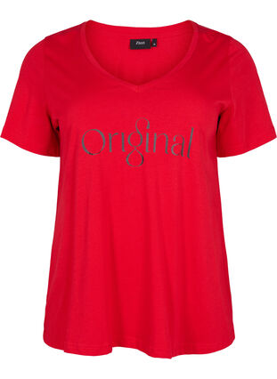 T-shirt en coton avec impression de texte et col en V, Tango Red ORI, Packshot image number 0