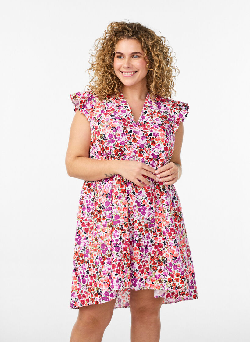 Robe fleurie en coton avec volants et col en V, Rose, Model image number 0