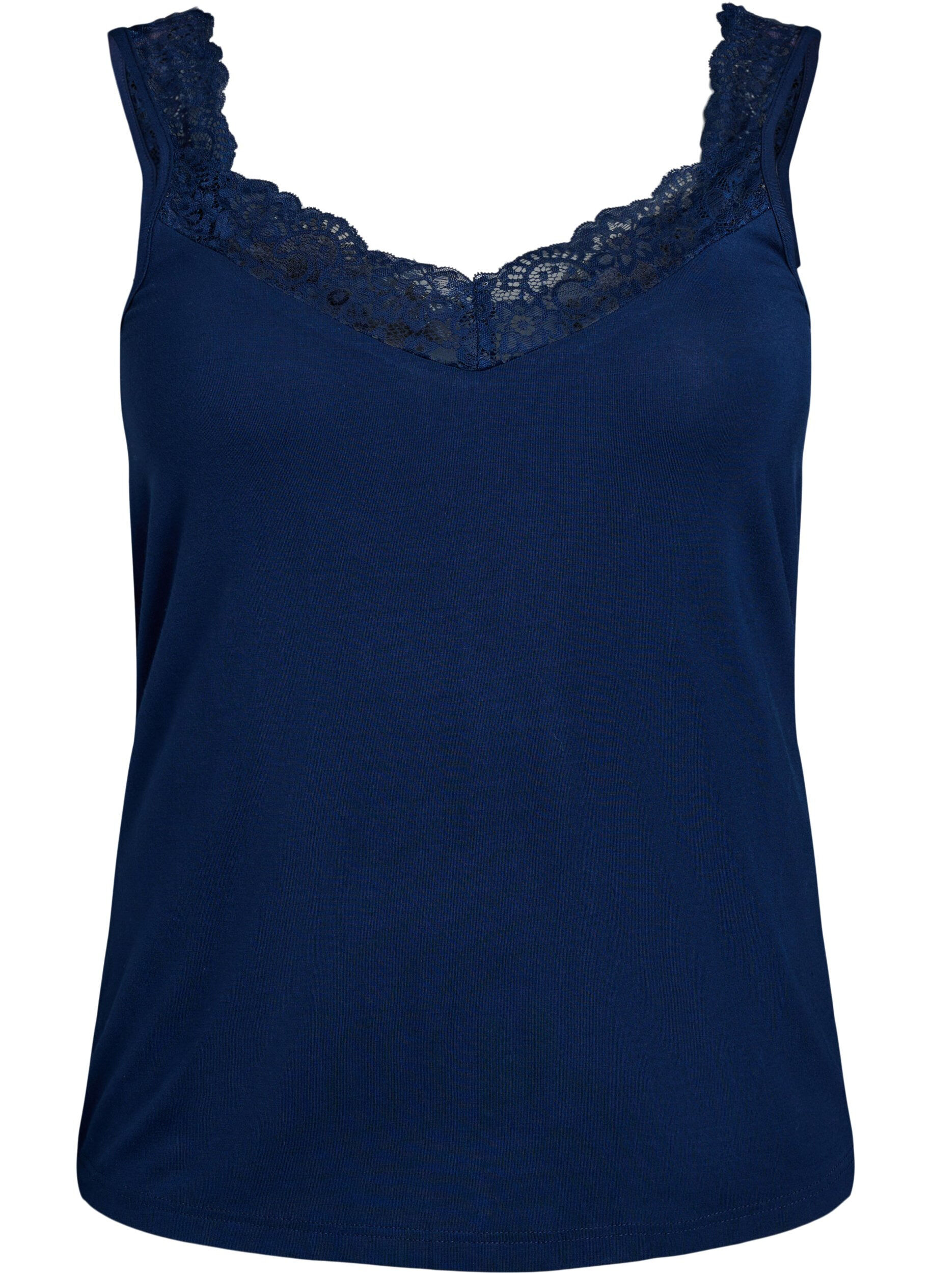 ZizziTop en viscose avec bordure en dentelle, Bleu, Packshot image number 0