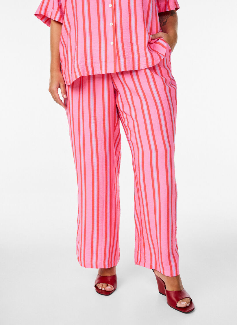 Pantalon ray&eacute; &agrave; taille haute et jambes larges, Rose, Model image number 2