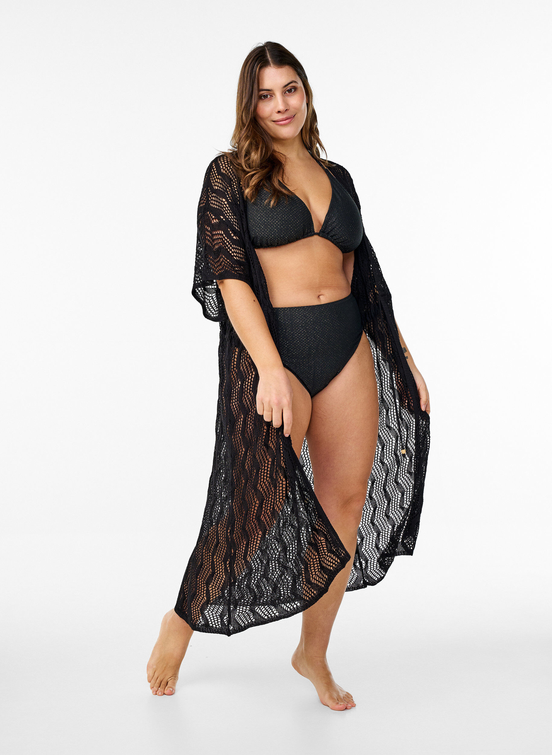 Zizzi Kimono de plage avec ceinture &agrave; n&oelig;ud, Noir, Model image number 0