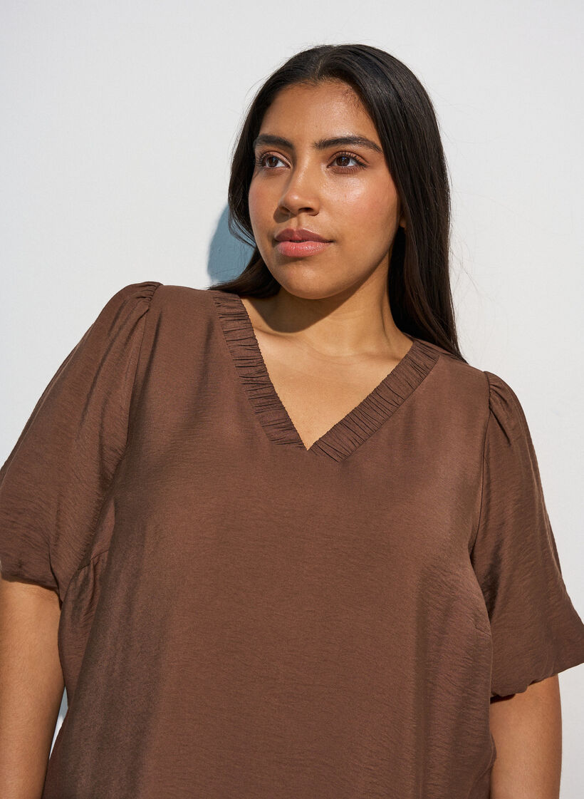 Blouse avec manches ballon et col en V, Marron, Model image number 3