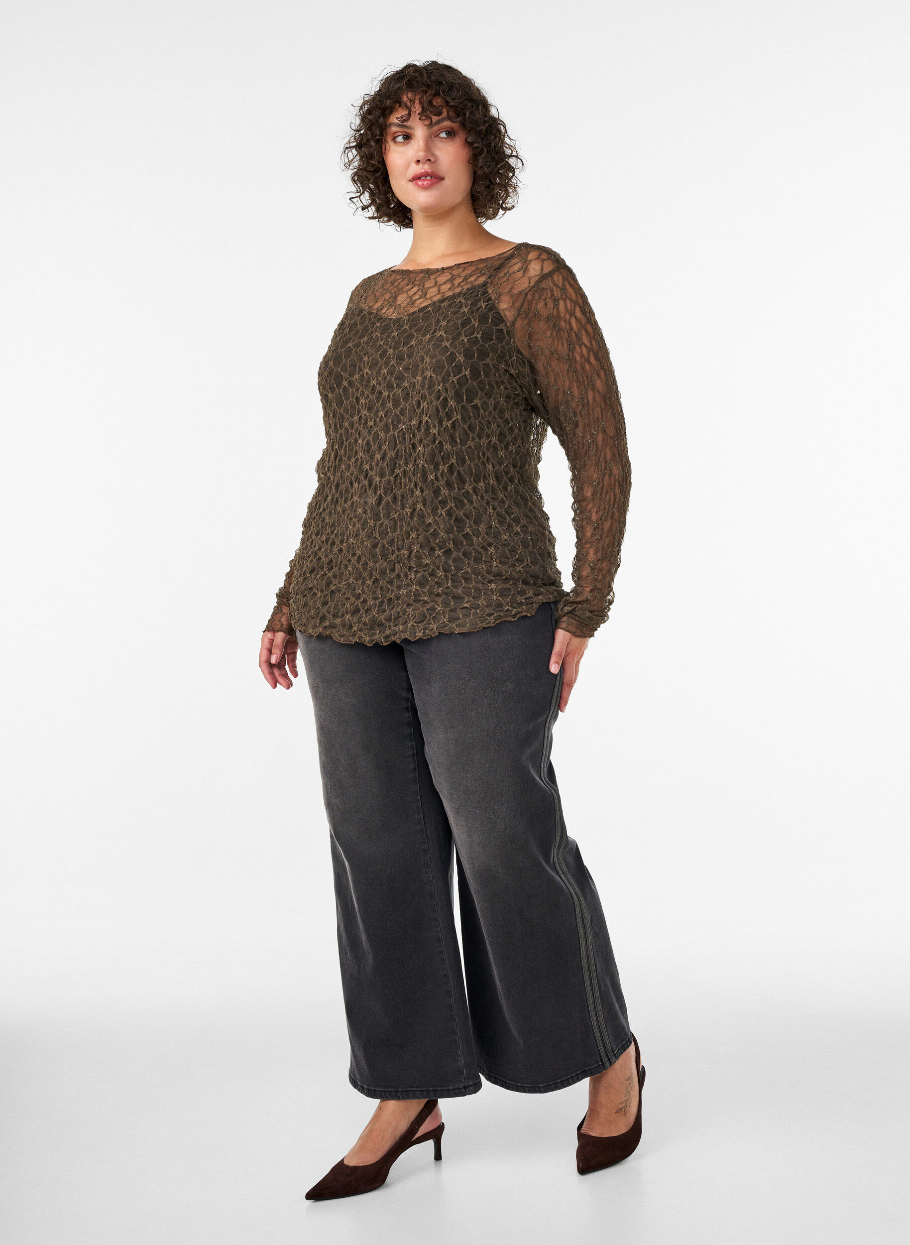 ZizziBlouse en maille &agrave; motif et fil paillet&eacute;, Marron, Model image number 1
