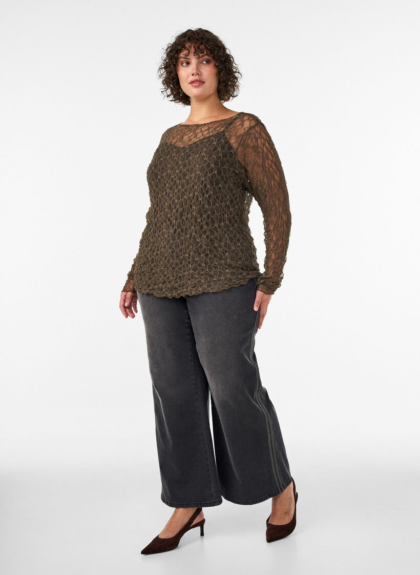 Blouse en maille &agrave; motif et fil paillet&eacute;, Marron, Model image number 1