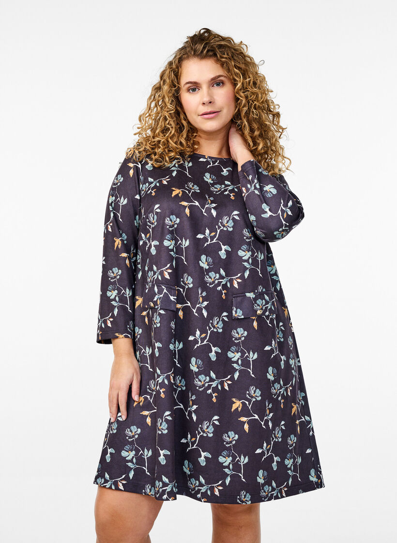 Robe en trapèze courte avec manches 7/8, Noir, Model image number 0