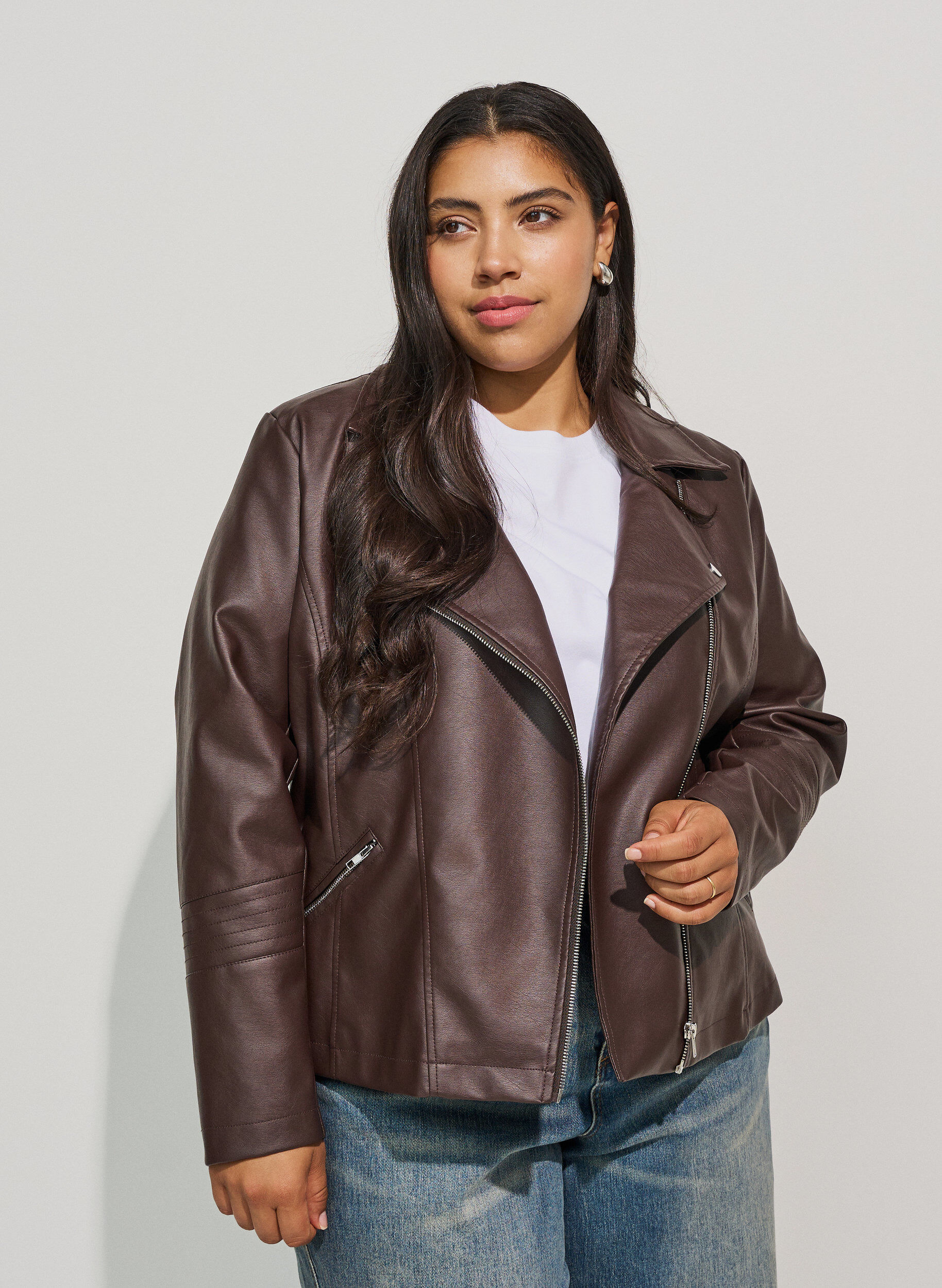 Veste biker en similicuir, Marron, Model