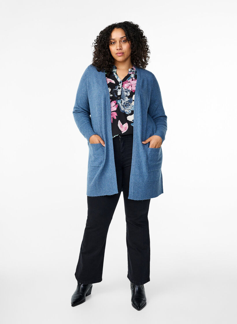 Cardigan en tricot c&ocirc;tel&eacute; avec poches, Bleu, Model image number 1