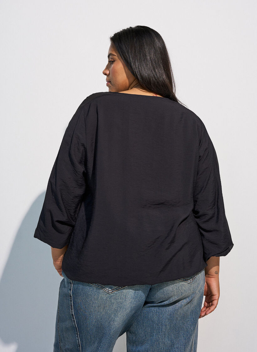 Blouse avec effet ballon et d&eacute;tails en mousseline, Noir, Model image number 2