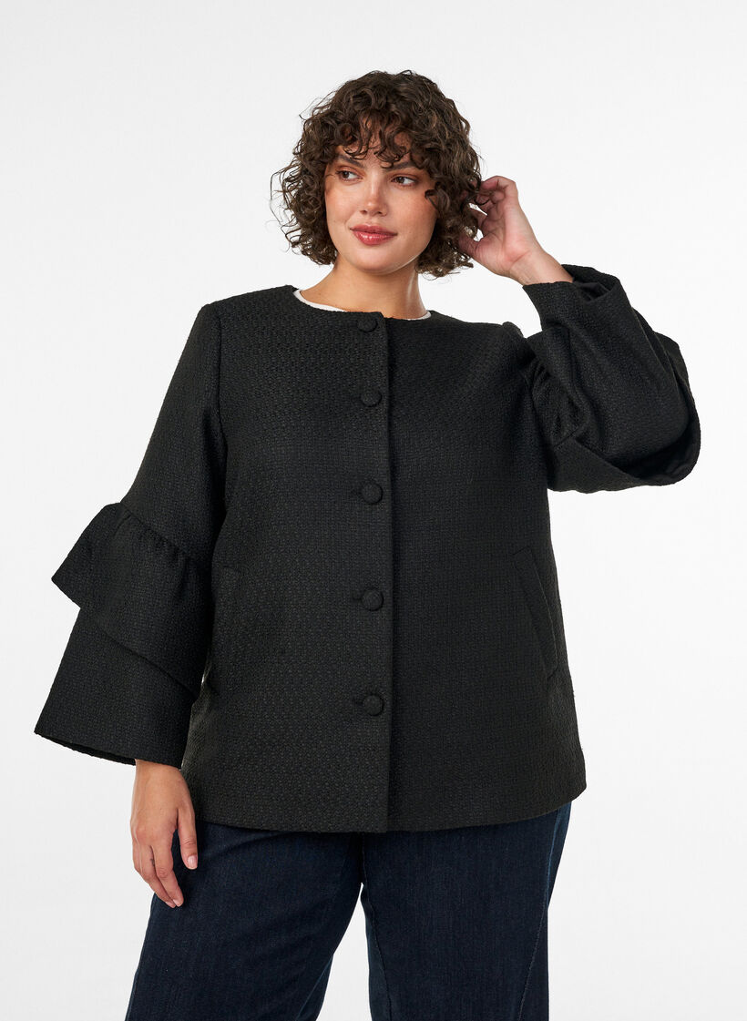 Veste boucl&eacute;e avec volants, Noir, Model image number 0