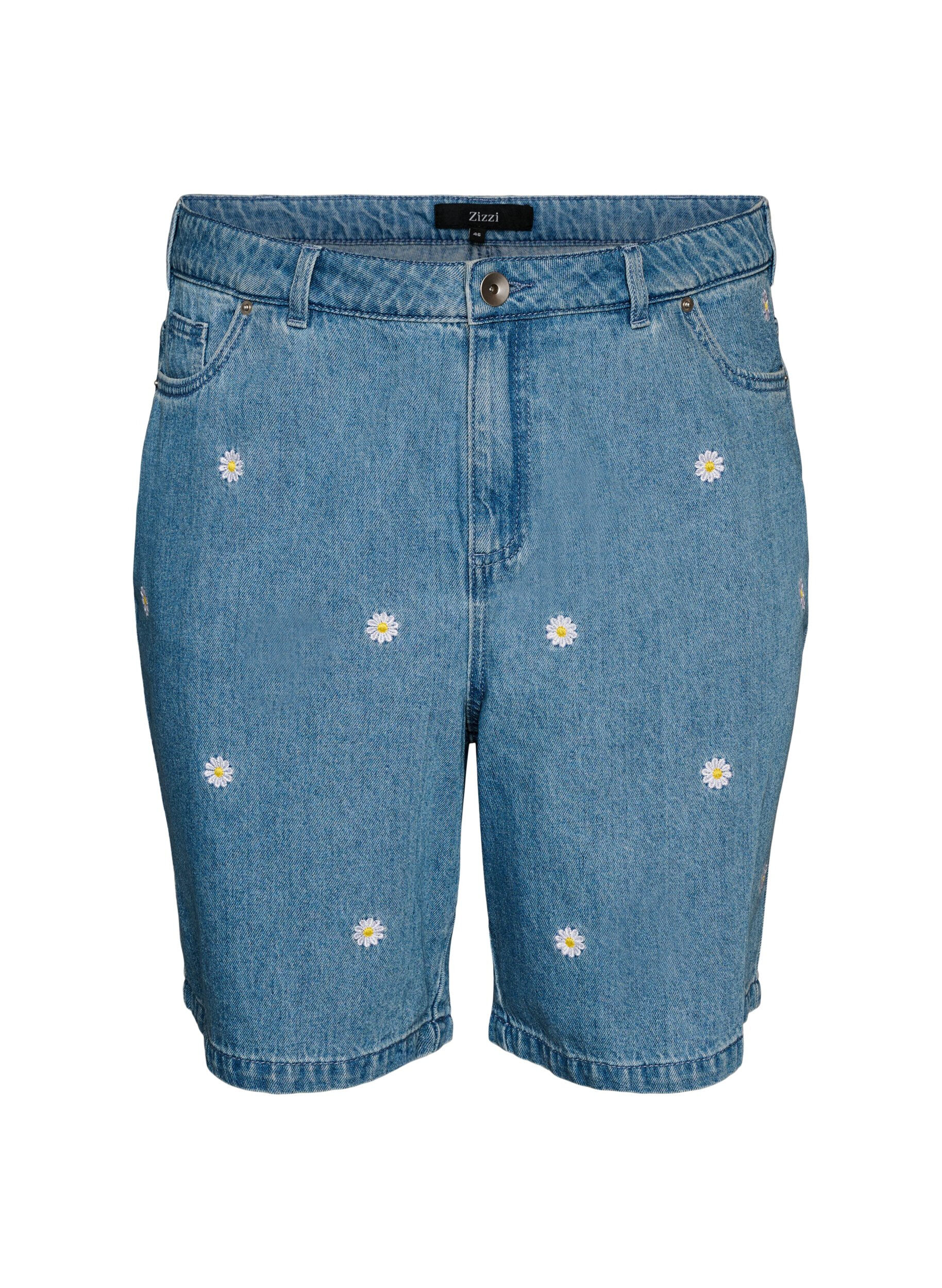 Zizzi Short en jean taille haute avec broderies florales, Bleu Clair, Packshot image number 0