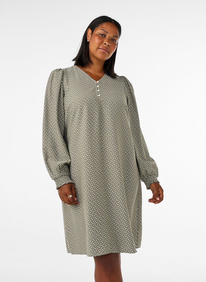 Robe imprim&eacute;e en viscose &agrave; manches longues, Vert Kaki, Model image number 0